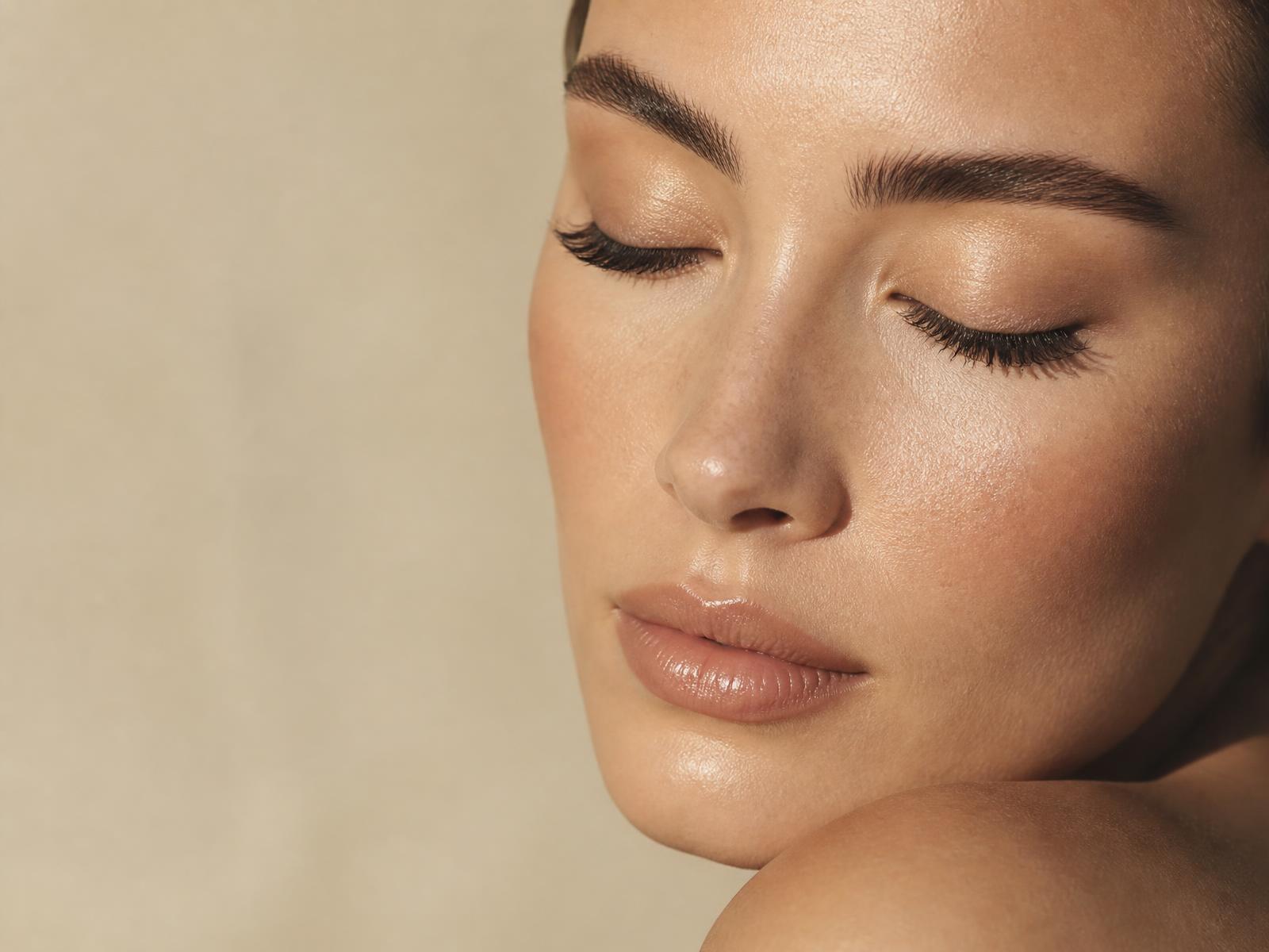 Nahaufnahme eines Gesichts mit verlängerten Wimpern und definierten Augenbrauen